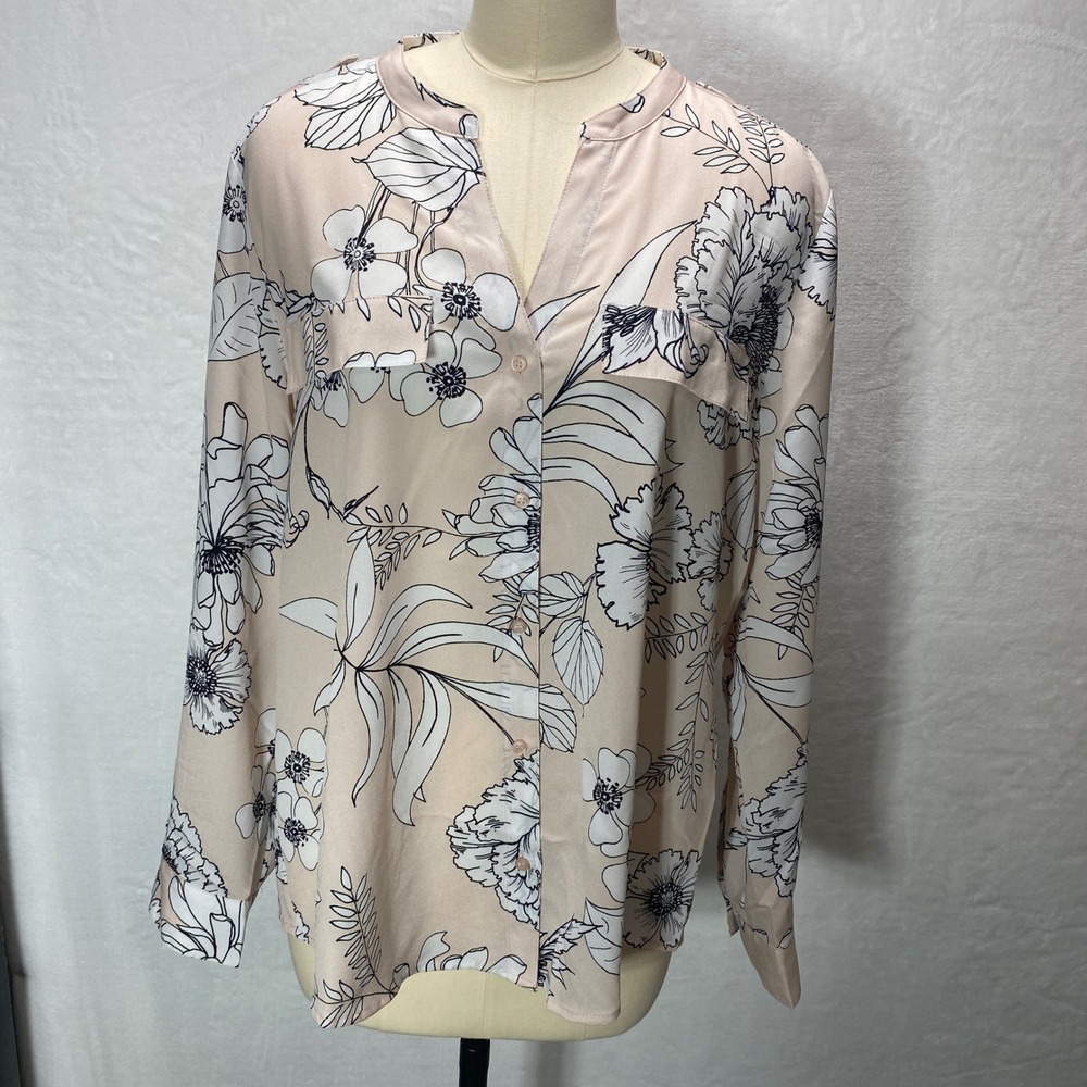 Calvin Klein Womens Floral Print Button‎ Up Shirt XL Blush Pink Roll-Tab Sleeve